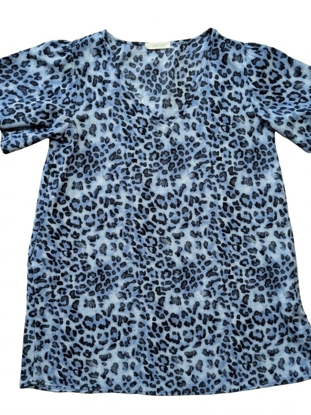 Entro Blue Leopard Print V-Neck Shift Dress Short Flutter Sleeve Casual Mini S